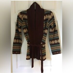 VINTAGE SHERIDAN CREATIONS brown Green L/s Tie Front Cardigan Sweater Small EUC